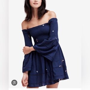 Free People NWT Dark Blue off the shoulder dress with pink embroidered flowers